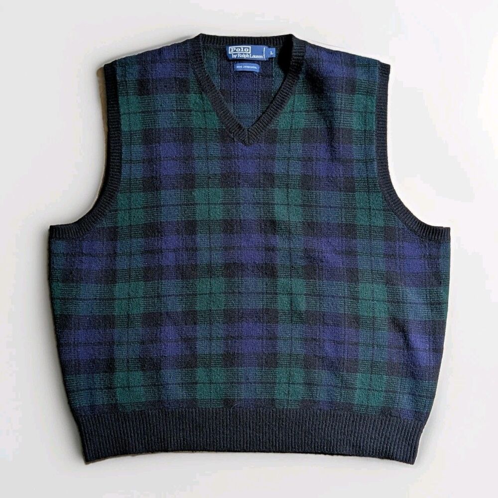 Polo by Ralph Lauren Plaid 100% Lambswool Knit Sweater Vest Large L Blue Green